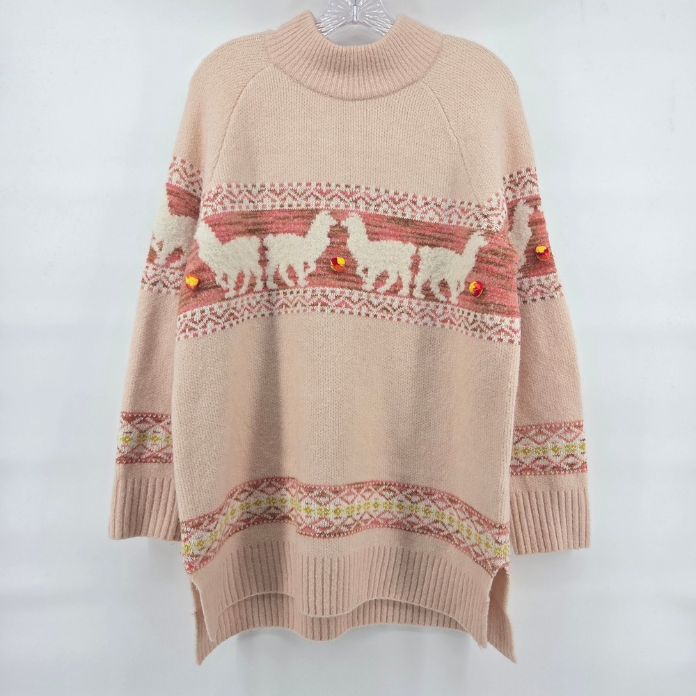 Anthropologie Llama Pom Pom Sweater L Pink Wool Alpaca Boho Art-Inspired Tunic